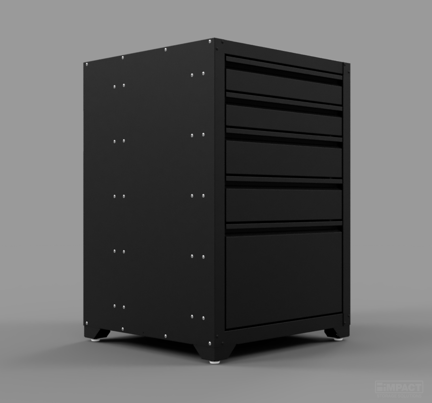 Side view of five drawer base cabinet